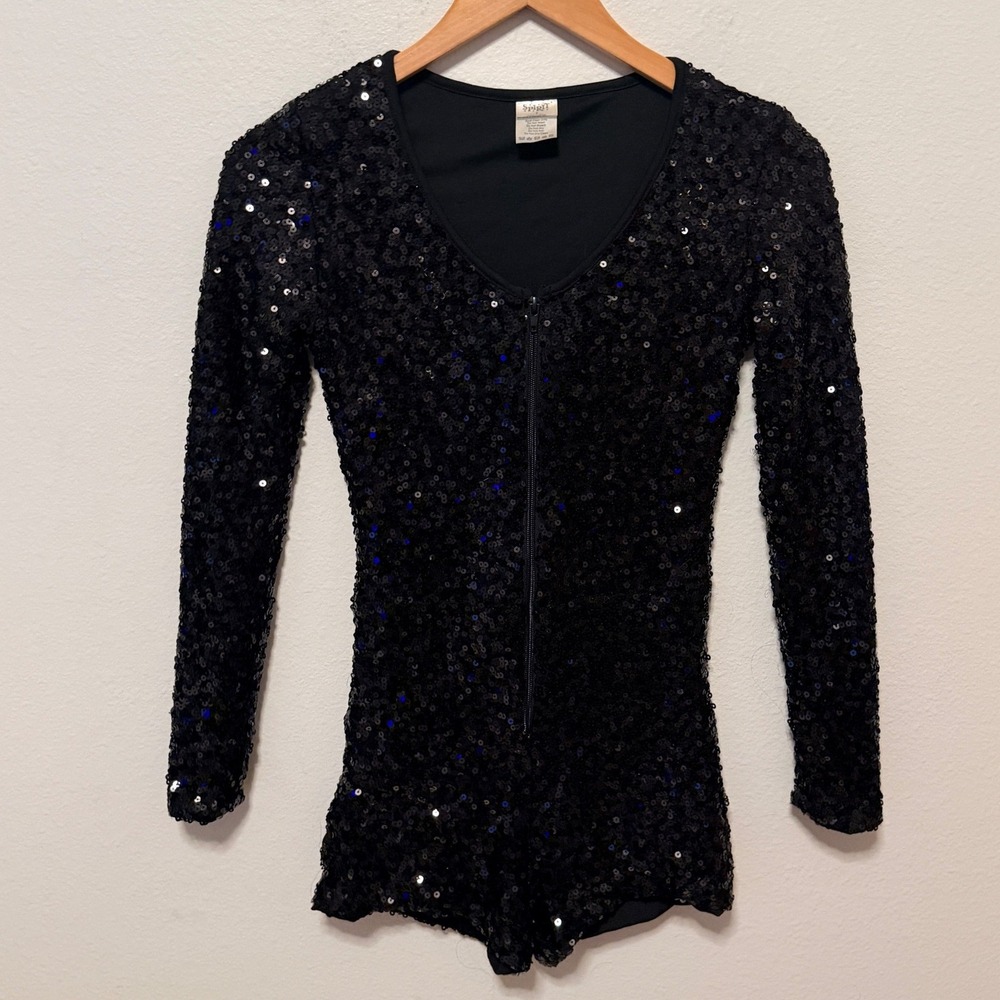 Spirit Sequin Romper Sz S Long Sleeve V-Neck Zip Front Black Sparkly Disco